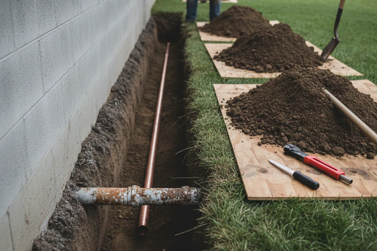 Excavated water line trench during Water Softener Installation in Creswell